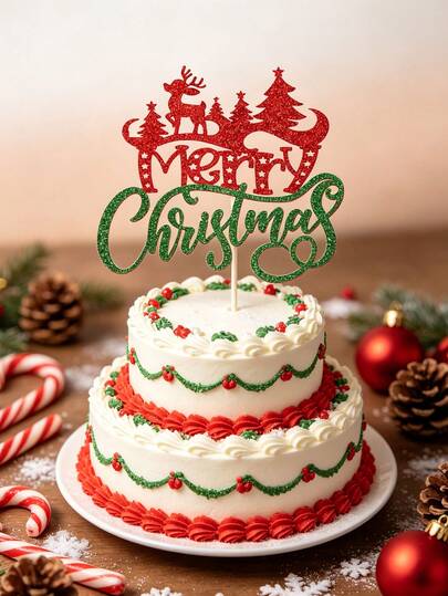 1/2/6 cái topper trang trí bánh Giáng Sinh Merry Christmas, hình bóng tuần lộc và cây thông Noel kim tuyến đỏ & xanh lá, phù hợp cho bữa tối gia đình Giáng Sinh, tiệc trà chiều và trang trí bàn tráng miệng tại nhà, phụ kiện trang trí bánh Giáng Sinh