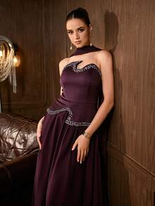 Elegant Women's Strapless Beaded Evening Gown, Asymmetrical Design, Perfect For Prom And Evening Events, 2 Pieces Set With Ribbon - Dark Purple - View 8
