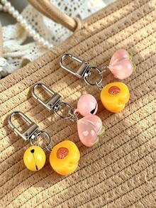 1 Set Summer Fresh INS Style Translucent Peach & Yellow Peach Edible-Inspired Bell Keychain Pendant, Suitable For Student Girls' Daily Outfits, Can Be Hung On Backpacks, Commuter Bags, Car Keys, Casual Outings, Best Friend Gift, 3D Realistic Fruit Shape Versatile Bag Accessory Decoration - Multicolor - View 2