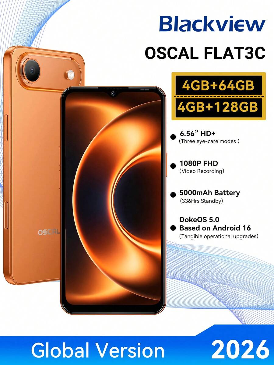 Blackview OSCAL FLAT 3C 解鎖版 4G 智慧型手機，Android 16 系統，6.56 吋 HD+ 螢幕，八核心處理器，4GB+8GB 可擴充記憶體，64GB/128GB ROM，最高支援 1TB SD 卡擴充，13MP+32MP 雙鏡頭，側面快捷鍵，5000mAh 大電池，3 個卡槽，雙 SIM 雙待機（不含充電器）