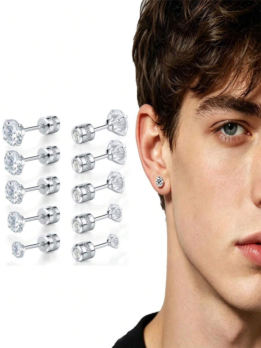 1 Pair Elegant 316L Stainless Steel Cubic Zirconia Stud Earrings, Suitable For Boys And Girls To Wear At Parties, Can Be Used As A Gift - 1 Pair Ear Stud - View 1