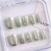10 Pcs Light Blue Gradient Silver Trim Floral Handmade Press-On Nails, Medium Long Square-Round Clear Skin-Brightening False Nail Tips, Reusable Removable No-Bake Manicure For Students, Office Workers, Commuting, Summer Travel And Photography, Multiple Sizes Available - Baby Blue - View 10