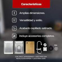 Fregadero Tarja Maxims de Acero Inoxidable Cepillado 75 x 46 cm Calibre 18, Instalación Submontada, Incluye Tabla Monomando y Accesorios Funcionales para Cocina - Plateado Satinado - Ver 7