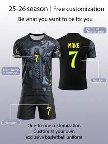 2pcs Set Fully Allover Print Black God Master Burning Flower Boys' Football Suit, Customized Name & Number Jersey, #7 Print Sports Player, Short Sleeve Shorts Set, Suitable For Boys Girls, Custom Football Kit 2026, Personalized Gift, Back To School - Black - View 4