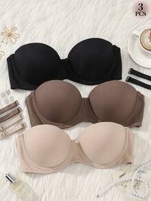 3pcs/Set Vertical Striped Smooth Women's Bra, Detachable Straps Bandeau Design, Anti-Slip Push-Up Tight Fit - Multicolor - View 1