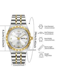 Men's Premium Gold-Tone Alloy Band Watch, Roman Numeral Rhinestone Dial With Date Display, Business Casual Versatile Quartz Wristwatch (1pc/Set), Watch Box Not Included - Multicolor - View 4