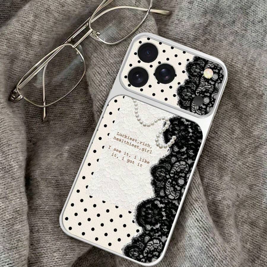 1 buah Casing Ponsel Bahan TPU Motif Retro Manis Keren Renda Mutiara Polka Dot dengan Pola Kalimat Pendek Cocok Untuk iPhone 17 Pro Max/17/16 Pro Max/15/14/13/12/11 Perlindungan Ponsel Full Cover Anti-Jatuh Soft Shell - Perak - View 1
