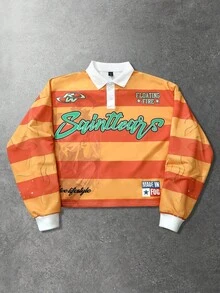 Contrast Stripe Anime Print Short Polo Long Sleeve American Retro Y2K Graffiti Letter Loose Collar Streetwear Cropped Top - Yellow - View 1