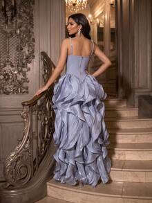 Modphy New Heavy Pearl Embellished Sexy Sleeveless Backless Fashion Camisole Two Pieces Party Dress, Including Ruffle Skirt - Gray Blue - View 7