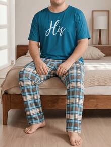 Plus Size Men's 2 Pieces Pajama Set Short Sleeve T-Shirt + Plaid Long Pants Casual Loose Homewear Gift For Boyfriend Husband - Multicolor - View 4