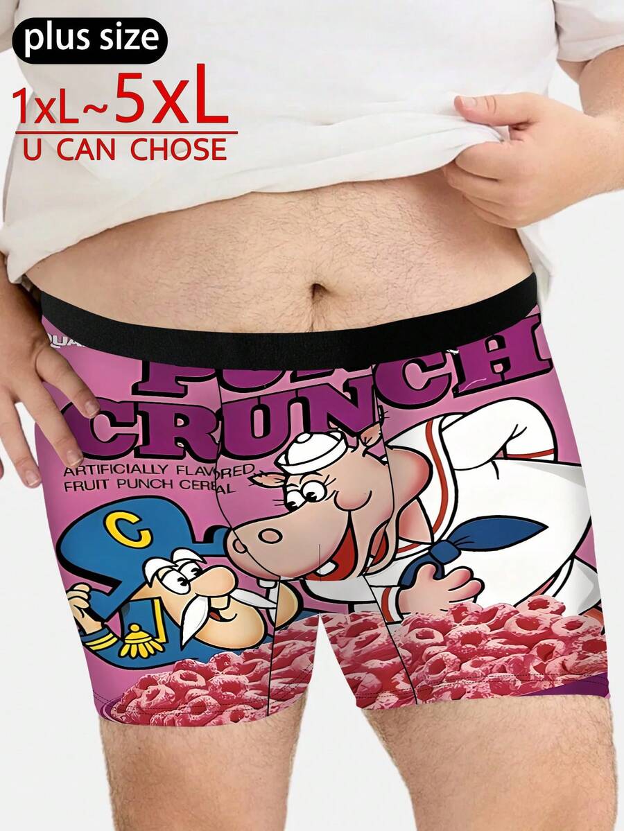 Retro Cartoon Hippo Captain Cereal Print Shorts, Loose And Comfortable Men's Plus-Size Boxer Briefs - Multicolor - View 1