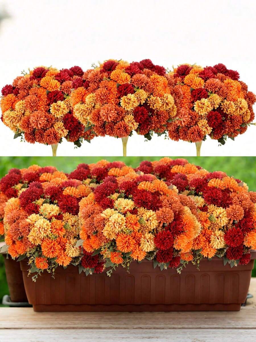 6pcs Artificial Autumn Chrysanthemums, Colorful UV-Resistant Realistic Non-Fading Outdoor Decor, Suitable For Front Door, Porch, Patio, Yard, Balcony, Vase, Tabletop Floral Arrangement, Halloween, Harvest Festival, Thanksgiving Decoration - Multicolor - View 1