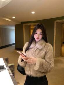 Winter Soft & Cozy Faux Fur Lapel Coat - Camel - View 9