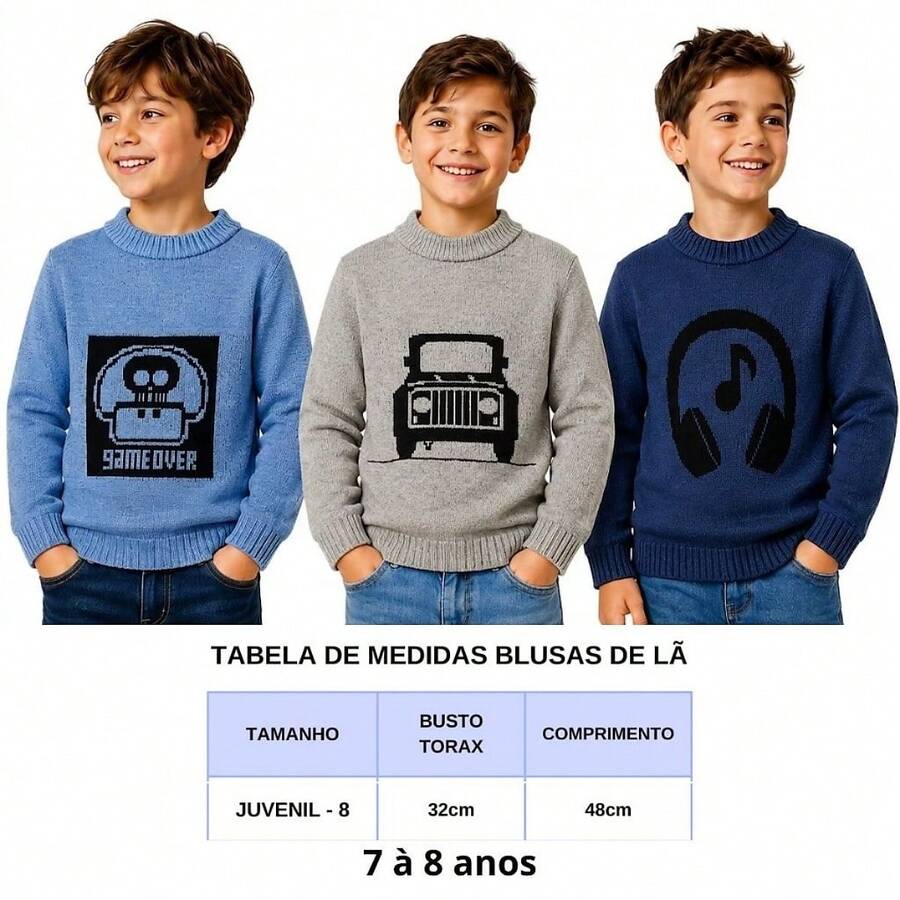 Kit 3 Blusas Lã Infantil Sueter Tricô Premium 1 a 12 anos - nº 08 - Visão 1