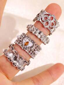 4pcs Vintage Fashion Unique Elegant Design Heart & Four-Leaf Clover Rings, Women's Daily, Holiday, Party, Wedding, Vacation Jewelry - Multicolor - View 1