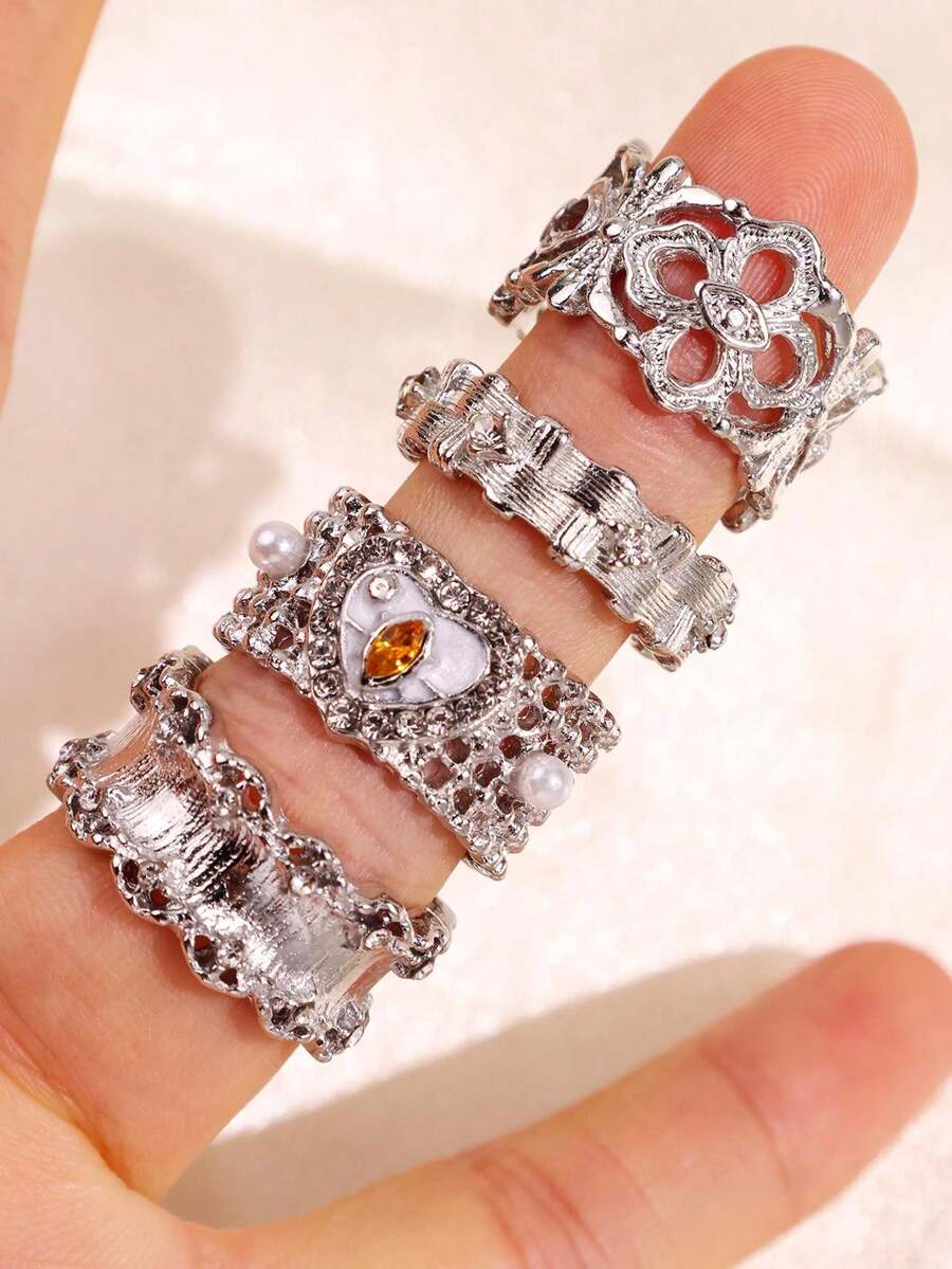 4pcs Vintage Fashion Unique Elegant Design Heart & Four-Leaf Clover Rings, Women's Daily, Holiday, Party, Wedding, Vacation Jewelry - Multicolor - View 1