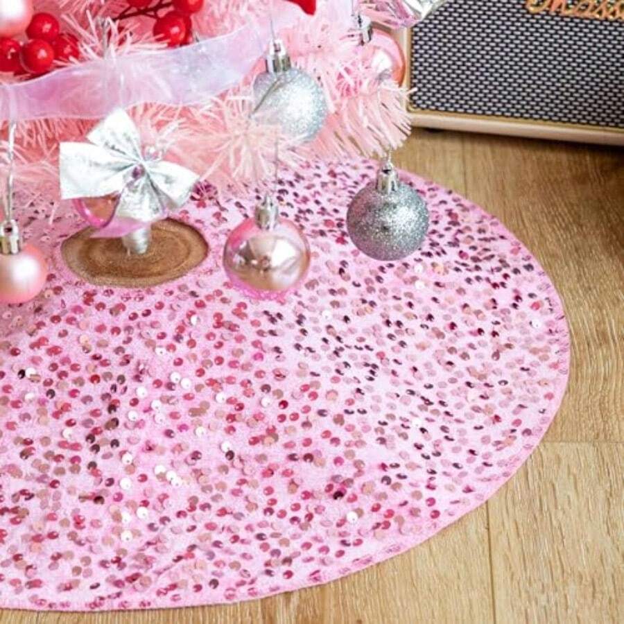 YQQChristmas Tree Skirt, 21 Inch Sparkly With Faux Fur Plush Mini Christmas Tree Skirt, Christmas Tree Base Mat Thin Velvet Rugs For Xmas Party Home Decorations Rose Pink 1269 - Rose Pink - View 1