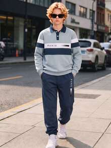 Teenager Spring/Autumn 2-Piece Set, Letter Striped Print Colorblock Polo Shirt With Matching Jogger Sweatpants, Versatile Casual Outfit For Students - Royal Blue - View 2