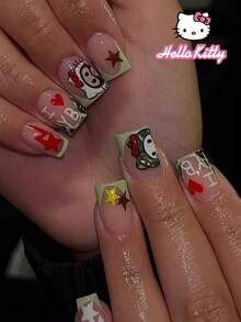 Sanrio Hello Kitty 24pcs Medium Square 3D Gel Leopard & Green French Tip Short Nails, Pink Shark Coating, Hello Kitty, Bow, Star And Heart Design, Perfect Fit Acrylic False Nail Set, Suitable For Girls Daily And Party Use - Multicolor - View 1