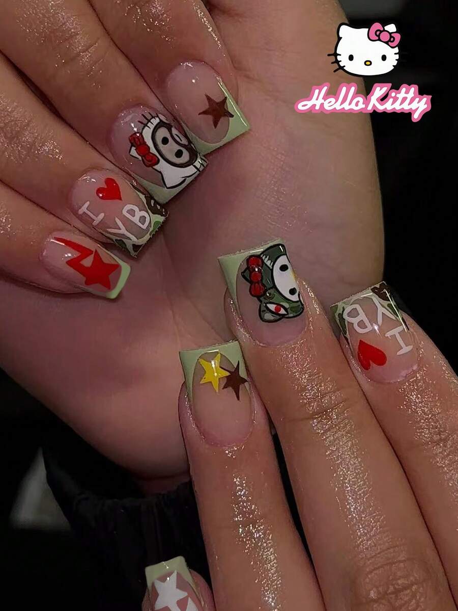 Sanrio Hello Kitty 24pcs Medium Square 3D Gel Leopard & Green French Tip Short Nails, Pink Shark Coating, Hello Kitty, Bow, Star And Heart Design, Perfect Fit Acrylic False Nail Set, Suitable For Girls Daily And Party Use - Multicolor - View 1