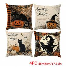Autumn Halloween Black Cat Ghost Pumpkin Cushion Cover 4pcs Set, Single-Sided Printed Peach Skin Velvet Polyester Material, 45*45CM/18*18inch Pillow Covers Suitable For Room Decoration, Modern Minimalist Sofa Living Room Decor, Gift Giving, Party Decoration - Multicolor - View 10