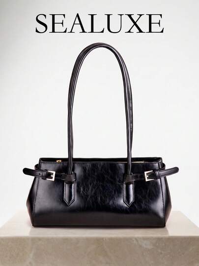 Stylish Modern Black PU 'baguette' Tote Bag With Buckle Fastening A Drawstring Closure Two Handles Perfect For Everyday Use Such As A Day Out Shopping