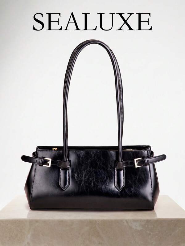 Stylish Modern Black PU 'baguette' Tote Bag With Buckle Fastening A Drawstring Closure Two Handles Perfect For Everyday Use Such As A Day Out Shopping