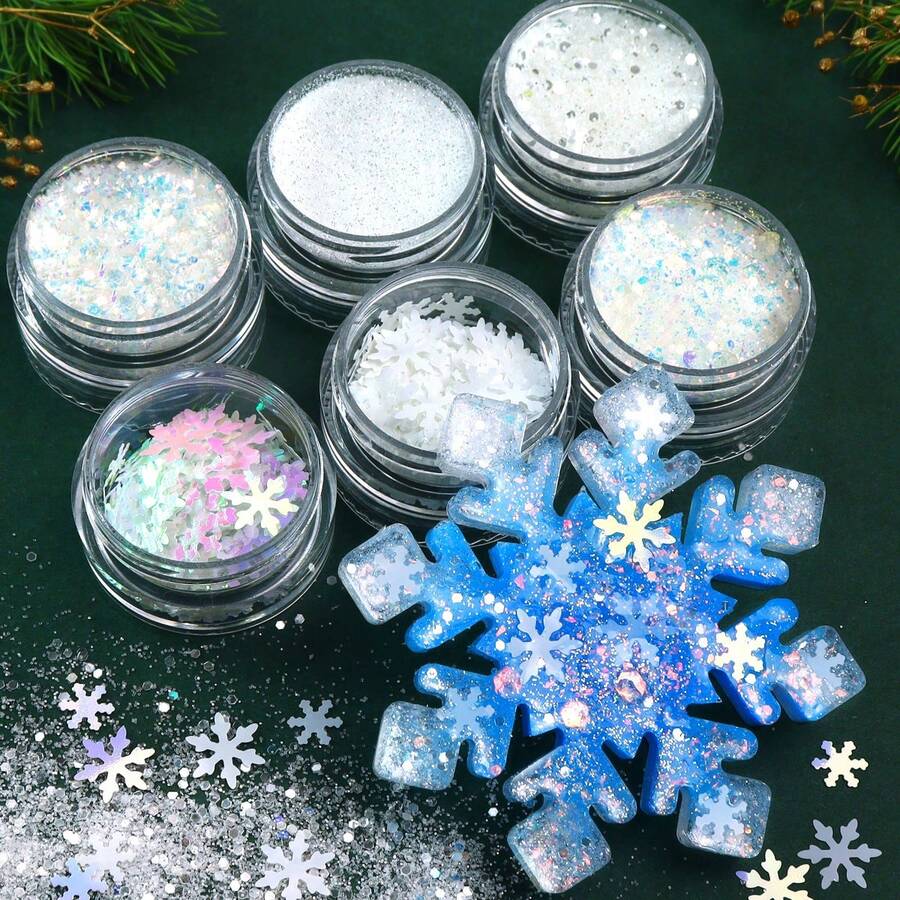 6pcs White Snowflake Christmas Resin Filling Glitter Flakes - Snowflake Fine Powder Thin Sheets - For DIY Christmas Mold Filling Material - Jewelry And Keychain Making, Christmas Craft Decoration - White - View 1