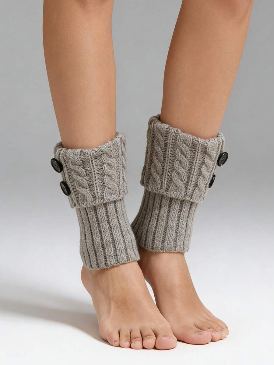 1 Pasang Penghangat Kaki Model Boot Rajut Lipat dengan Kancing - Grey - View 1