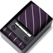 AlanKing Men's Striped Tie, Pocket Square, Cufflinks And Tie Clip 4-Piece Set Premium Gift Box, Suitable For Holiday Gifts, Business Work, Formal Weddings,Halloween - Color Mixing - View 6