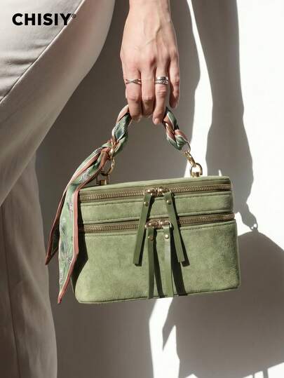 Nuevo bolso de mano con bloques de color Maillard, diseño de doble cremallera de moda, bolso bandolera para mujer con lazo de bufanda de seda, asa de metal, correa de hombro desmontable, bolso cuadrado pequeño de doble uso, ligero, duradero, elegante, adecuado para compras, fiestas, reuniones con amigos, campus
