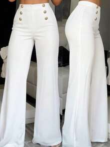 Women's Elegant Fashion Solid Color High Waist Double Row Gold Decorative Buttons Elegant Casual Long Pants - White - View 1