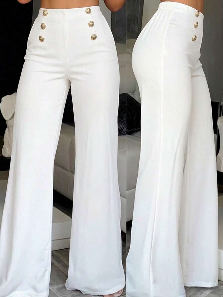 Women's Elegant Fashion Solid Color High Waist Double Row Gold Decorative Buttons Elegant Casual Long Pants - White - View 1