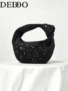 Dedoo Women's Evening Clutch, Round Bohemian Style Ring Handle Bag, Full Rhinestone Solid Color Pattern, Zipper Closure, Suitable For Cocktail Parties, Balls, Parties, Weddings - Black - View 2