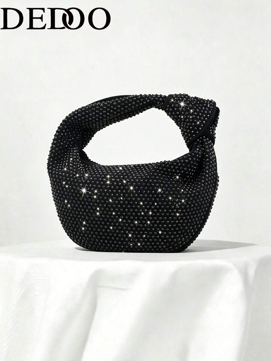Dedoo Women's Evening Clutch, Round Bohemian Style Ring Handle Bag, Full Rhinestone Solid Color Pattern, Zipper Closure, Suitable For Cocktail Parties, Balls, Parties, Weddings