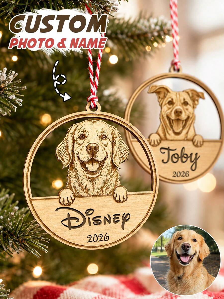 Custom Pet Ornament, Personalized Wooden Christmas Tree Decor, Rustic Pet Hanging Sign, Customized Photo Name Keepsake, Customizable Picture Holiday Home Decor, Xmas Gift For Dog Lovers, Stocking Stuffer, Family Christmas Gift, Family And Friends - Multicolor - View 1