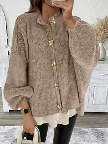 Marisole Women's Casual Daily Dropped Shoulder Long Sleeve Crew Neck Ribbed Button Cardigan, Fashion Basic Commute Travel Vacation Knit Sweater, Autumn/Winter - Camel - View 7