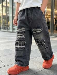 Boys' Loose Distressed Straight Leg Denim Jeans, Autumn Casual Long Pants For Daily, School, Outdoor Wear - Dark Grey - View 1