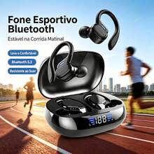 Fone de ouvido preto esportivo premium com gancho, sinal Bluetooth 5.3 constante, compatível com celulares , ,  e  para lazer e exercícios - Visão 2