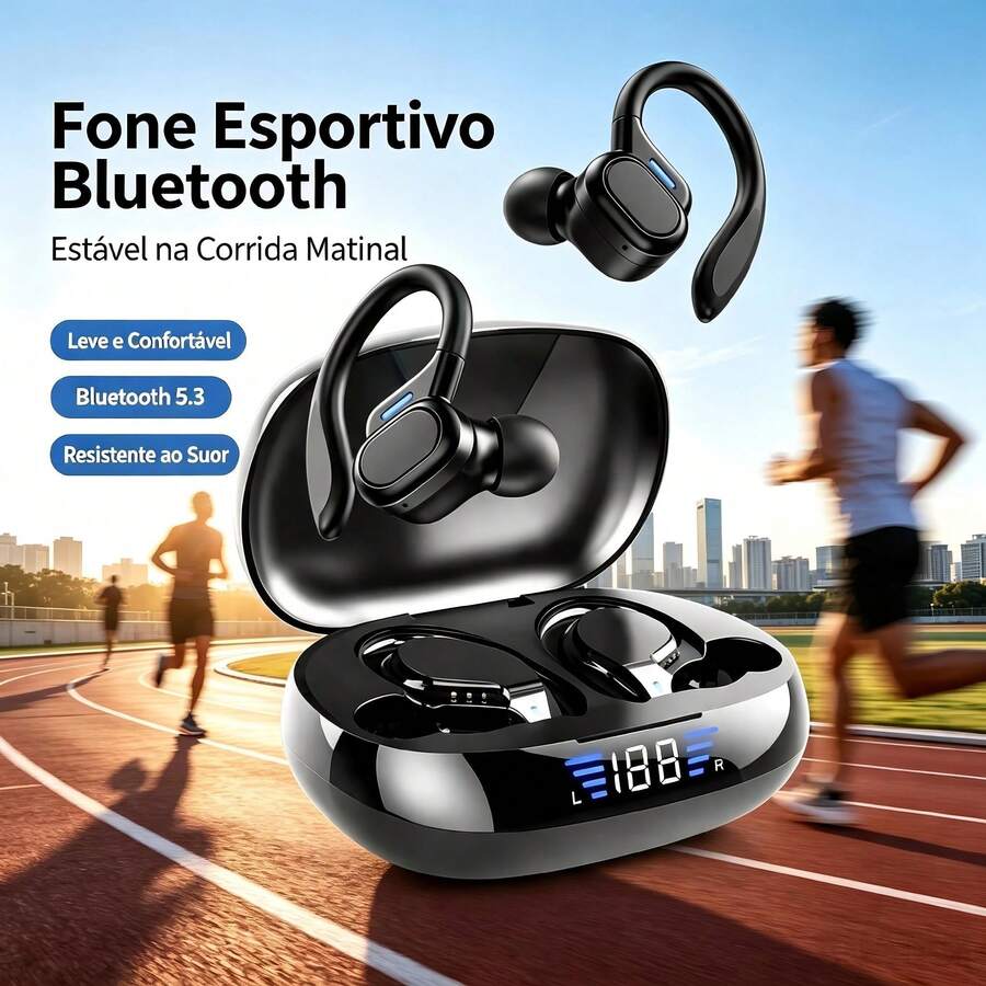 Fone de ouvido preto esportivo premium com gancho, sinal Bluetooth 5.3 constante, compatível com celulares , ,  e  para lazer e exercícios