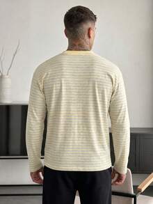 Simple Studio | Men's Casual Striped Digital Print Versatile Crew Neck Long Sleeve T-Shirt - Yellow - View 3