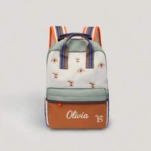 Personalized Fashion Dog Embroidery Color Block Backpack, Casual Daily Daypack With Portable Top Handle, Contrast Striped Shoulder Straps - Multicolor - View 10