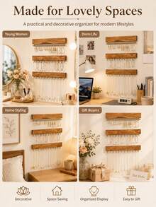 1 Set Natural Wooden Wall-Mounted Jewelry Storage Rack, Rustic Style Necklace & Earring Display Stand, Multi-Hook Design, Space-Saving Jewelry Organizer, Suitable For Bedroom, Vanity, Dressing Room, Home Decor - Multicolor - View 6