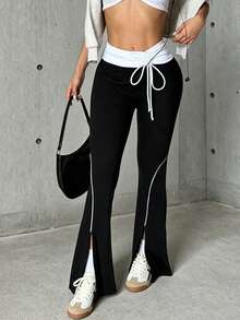 Hidkat Women's Solid Color High Waist Drawstring Tie Yoga Casual Slim Fit Sports Knit Flare Pants - Black and White - View 3