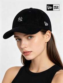 New Era Baseball Cap, White Small NY Logo Embroidered Black Curved Brim Hat, Unisex Adjustable Sports Cap - Black - View 2