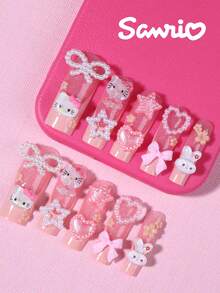 Sanrio Hello Kitty 24片長方形亮片法式穿戴甲，3D Hello Kitty、蝴蝶結、珍珠與花朵設計，完美貼合壓克力假指甲套組，含1片果凍膠與1片指甲锉，適合女孩日常與派對使用 - 彩色 - 查看 2