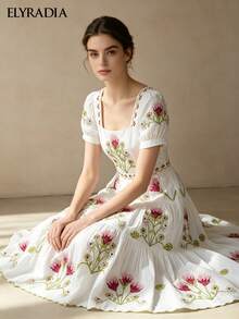 ELYRADIA Elegant Retro White Embroidered Floral Midi Dress, Square Neck Short Sleeve A-Line Spaghetti Strap Dress, Formal Luxury Evening Gown For Wedding - Beige - View 9