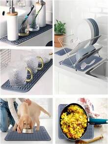 1pc/2pcs Non-Slip Silicone Dish Drying Mat, Kitchen Countertop Drainage Mat, Heat-Resistant Silicone Mat Suitable For Kitchen Countertop Or Sink, Refrigerator Or Drawer Liner, Dishwasher , Easy To Clean - Multicolor - View 6