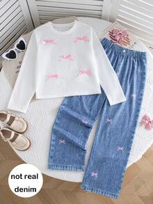 Tween Girls' Casual Fashion 2pcs Set, Pink Satin Bow Long Sleeve Top And Butterfly Print Straight Leg Pants, Spring/Autumn - White - View 1