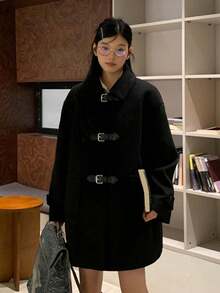 Women's Black Polo Collar Overcoat, Autumn/Winter Elegant Outerwear - Black - View 4